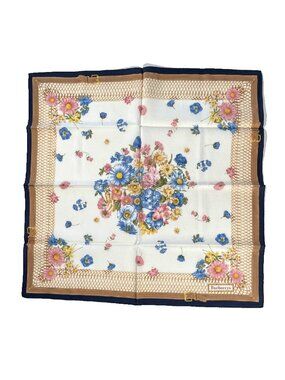 Burberrys Vintage Floral Cotton Scarf 19” Blue Border Equestrian Belt Print